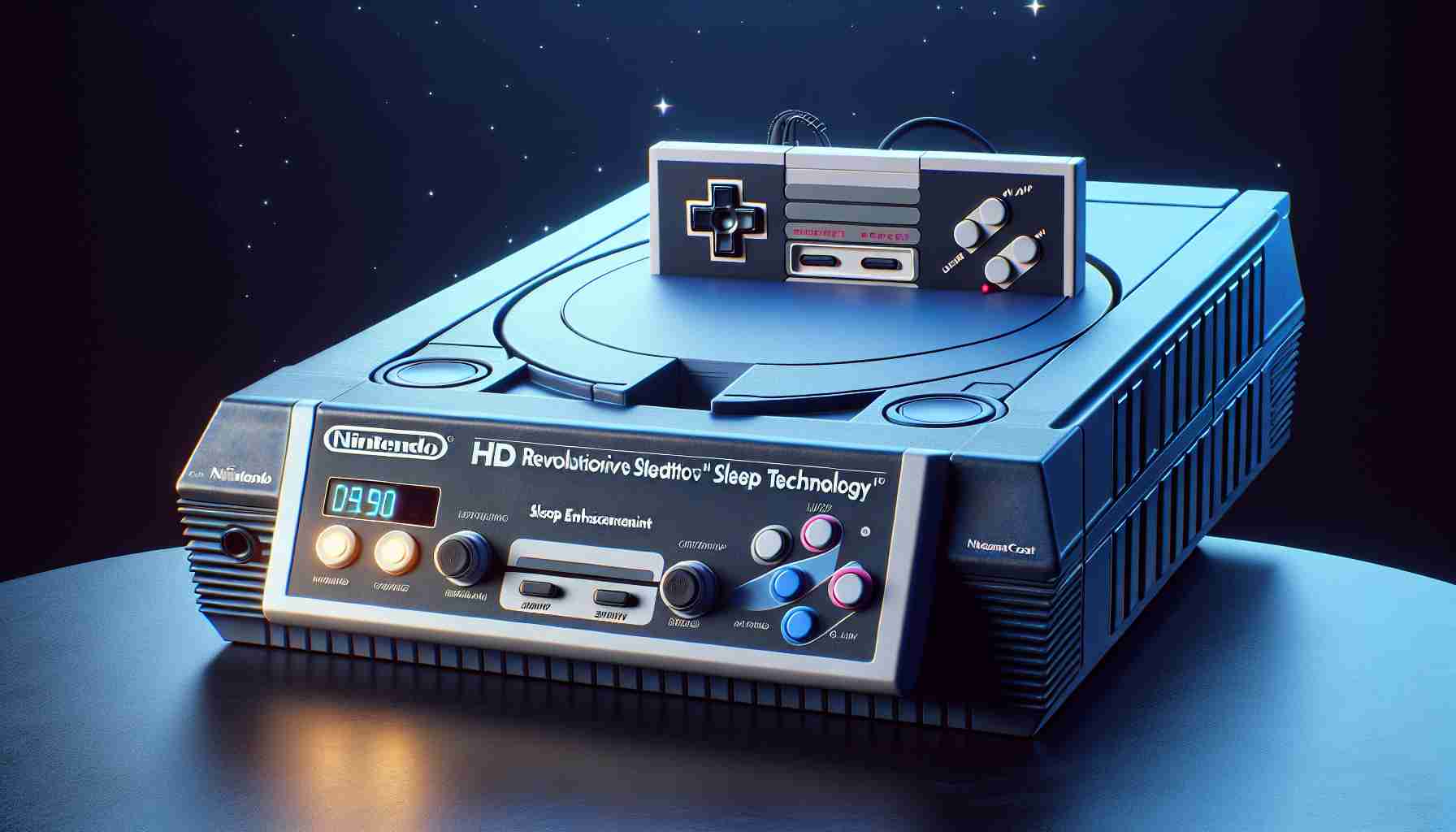 Realistic HD depiction of a revolutionary sleep technology device named 'Nintendo Dreamcast'. The device should be aesthetically pleasing, incorporating elements of futuristic design and classic video game consoles. It should have clear branding and controls that suggest it's user-friendly. The scene should also subtly hint the device's purpose in sleep enhancement, perhaps by including elements like a moon, stars, or peaceful night-time motifs.