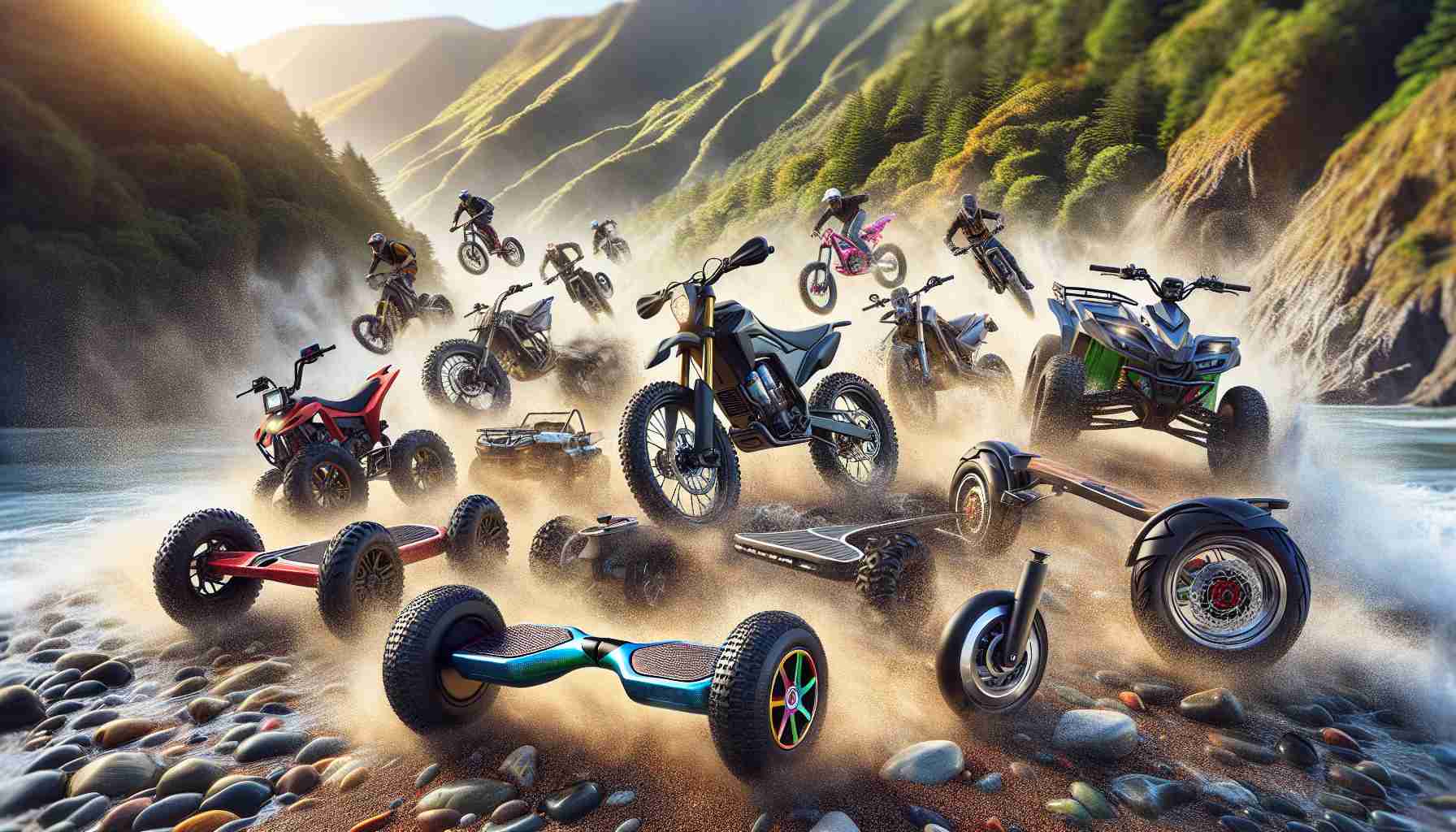 Generate a realistic, high-definition image showcasing the rise of electric adventure vehicles. The image should include diverse types of these vehicles such as electric bikes, electric hoverboards, and electric ATVs, set against a backdrop of nature. To show their usage in adventure, they can be placed on rugged mountain trails, forest pathways, or beach shores. Some vehicles should look like they are in motion, perhaps stirring up dust or splashing through water, to really capture the exciting and adventurous spirit of these innovative transportation methods.