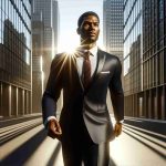 A realistic, high-definition image of a man with Black descent, wearing an elegant business suit, confidently striding forward with the rising sun in the background, casting long shadows. He's in a urban setting filled with high-rise glass buildings, symbolizing the corporate world. His face shows determination and ambition, the embodiment of a rising star in the business world.