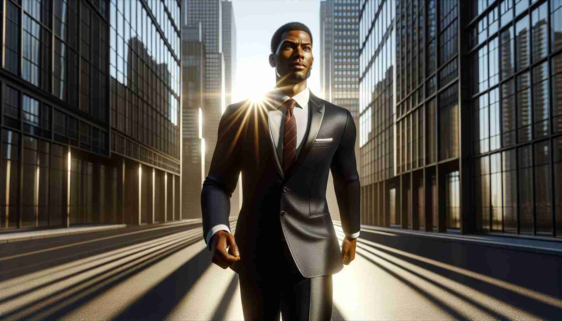 A realistic, high-definition image of a man with Black descent, wearing an elegant business suit, confidently striding forward with the rising sun in the background, casting long shadows. He's in a urban setting filled with high-rise glass buildings, symbolizing the corporate world. His face shows determination and ambition, the embodiment of a rising star in the business world.