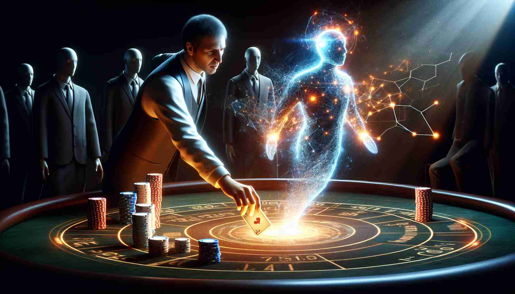 A realistic, high-definition image of a conceptual representation of a surprising move by a hedge fund. The scene unfolds with the metaphorical depiction of a hedge fund as a professional gambler placing a sizable bet on an unexpected player in the game. The unexpected player is represented as an unassuming figure infused with the glowing aura of artificial intelligence. The entire scene is shrouded in suspense and subtlety capturing the unpredicted betting choices in the financial world.