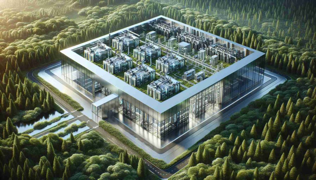 A realistic, high-definition photo featuring a new, innovative battery company located in the southern states of America. This company is poised to revolutionize energy storage technology. In the image, include a state-of-the-art facility surrounded by verdant greenery, conveying a harmonious balance between technology and nature. The facility should be sleek and modern, gleaming with metallic surfaces and large glass windows. Include close-up shots of the advanced battery technology, with intricate circuitry and futuristic designs. It should be clear in the image that this is a game-changing development in the field of energy storage.