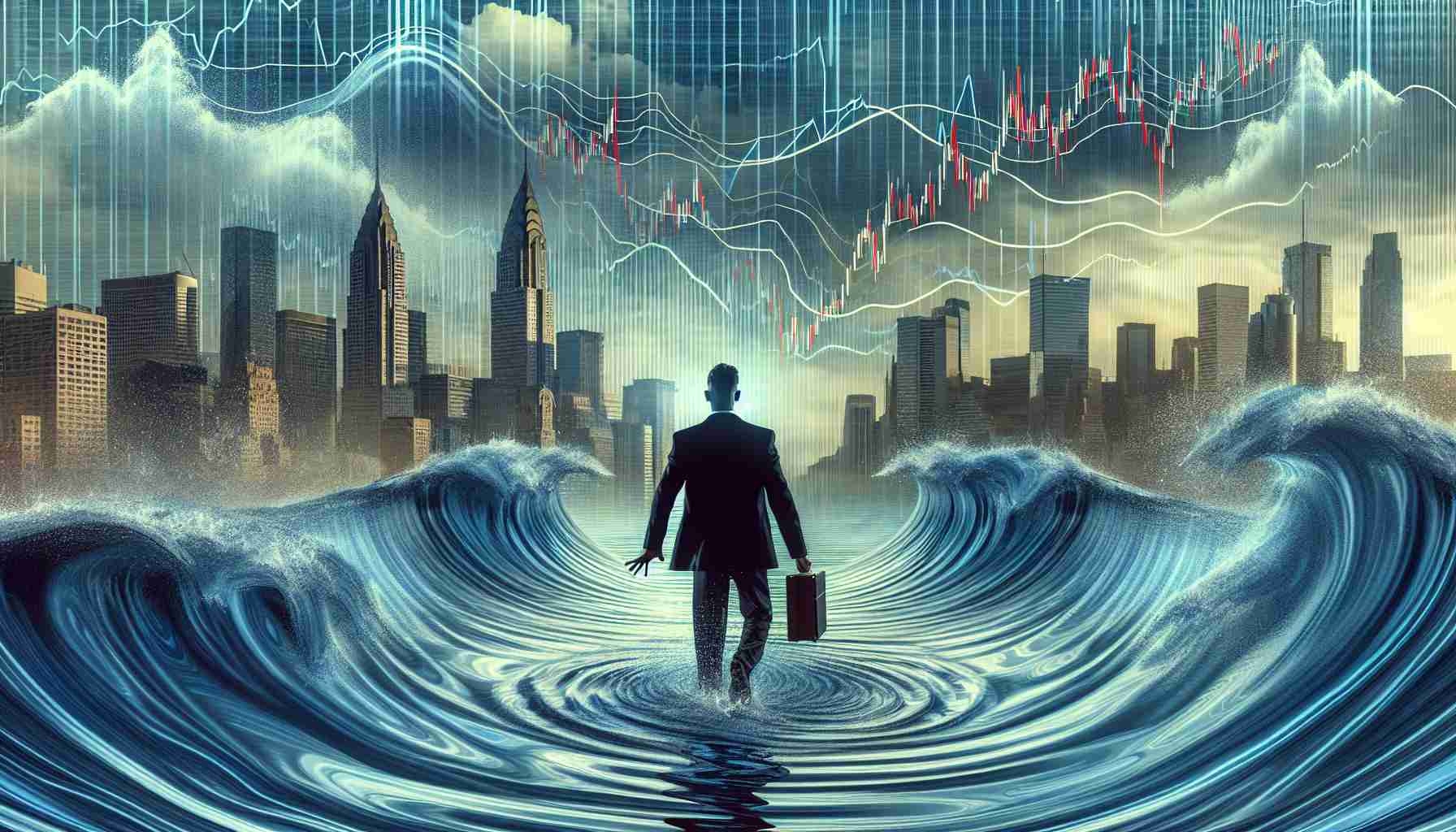 Generate a high-definition image that depicts the unexpected fluctuations in the stock market pertaining to a company called DTE Energy. Include a metaphorical representation of a singular investor causing ripples or waves in these market shifts.