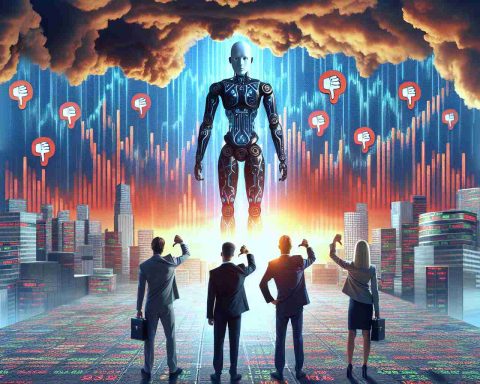 Create a detailed image depicting the dramatic contrast of a successful Artificial Intelligence stock. The stock appears to be soaring high in a sky filled with other average stocks, demonstrating its significant rise. However, a group of unimpressed financial experts stand in the foreground, looking at the soaring stock and giving thumbs down signals, indicating their recommendation to sell the stock now. The entire scene should have an air of suspense and uncertainty, reflecting the unpredictable nature of the stock market.