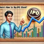 A high-definition, realistic illustration of a physical metaphor for buying IPO stock. The image features a stock market index graph climbing upwards on a wooden surface. Next to it, an eager, young South Asian man is depicted, optimistic and ready to invest. His finger is hovering above a vintage button labeled 'IPO'. The text 'Are You Missing Out? Here’s How to Buy IPO Stock' overlays the scene in bold, engaging typography.