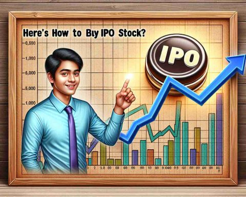 A high-definition, realistic illustration of a physical metaphor for buying IPO stock. The image features a stock market index graph climbing upwards on a wooden surface. Next to it, an eager, young South Asian man is depicted, optimistic and ready to invest. His finger is hovering above a vintage button labeled 'IPO'. The text 'Are You Missing Out? Here’s How to Buy IPO Stock' overlays the scene in bold, engaging typography.