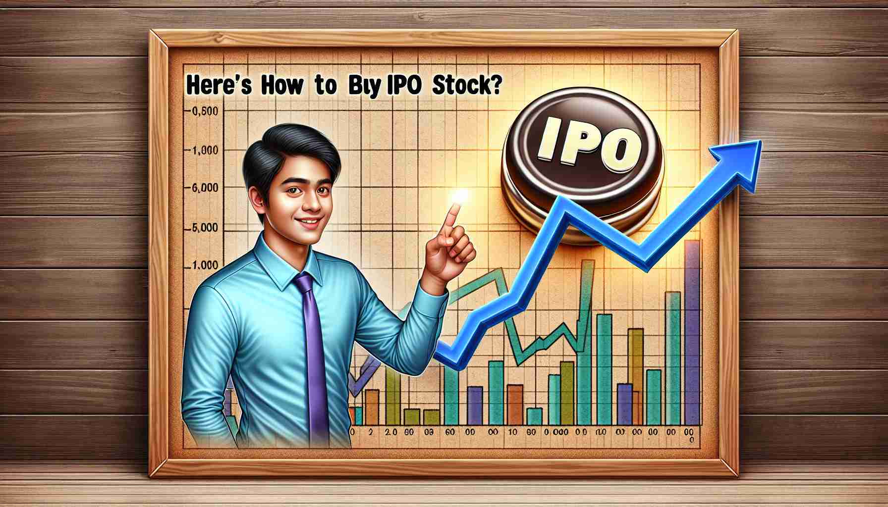 A high-definition, realistic illustration of a physical metaphor for buying IPO stock. The image features a stock market index graph climbing upwards on a wooden surface. Next to it, an eager, young South Asian man is depicted, optimistic and ready to invest. His finger is hovering above a vintage button labeled 'IPO'. The text 'Are You Missing Out? Here’s How to Buy IPO Stock' overlays the scene in bold, engaging typography.