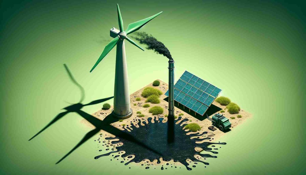 Detailed and realistic high-definition image that metaphorically represents the often ignored potential dangers associated with renewable energy sources. Think a green energy symbol like a wind turbine, for instance, casting a dark shadow or perhaps a solar panel leaking a dark substance. The imagery should invite the viewer to consider the not-so-obvious threats that might be hiding behind the appealing facade of green power.