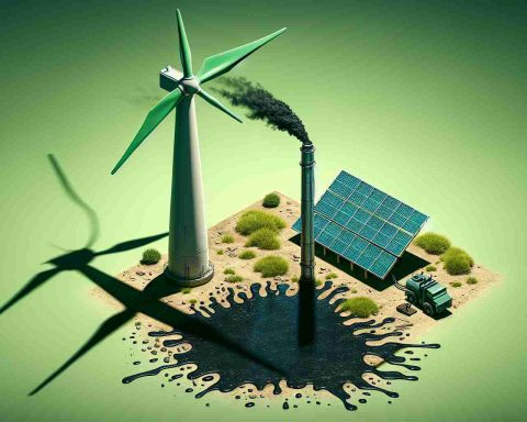 Detailed and realistic high-definition image that metaphorically represents the often ignored potential dangers associated with renewable energy sources. Think a green energy symbol like a wind turbine, for instance, casting a dark shadow or perhaps a solar panel leaking a dark substance. The imagery should invite the viewer to consider the not-so-obvious threats that might be hiding behind the appealing facade of green power.