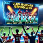 Ultra high-definition image depicting a thrilling Week 8 in the NFL. A football team, nicknamed the Unbeatable Chiefs, excel on the field in vibrant team colors. A surprising AI prediction is visually projected onto the jumbotron, adding an element of suspense to the scene. Fans express a range of emotions from astonishment to excitement in this unexpected turn of events.