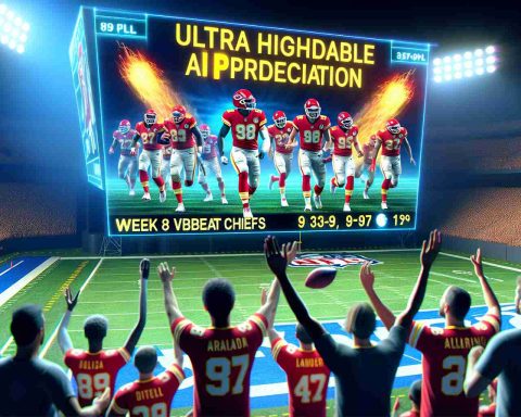 Ultra high-definition image depicting a thrilling Week 8 in the NFL. A football team, nicknamed the Unbeatable Chiefs, excel on the field in vibrant team colors. A surprising AI prediction is visually projected onto the jumbotron, adding an element of suspense to the scene. Fans express a range of emotions from astonishment to excitement in this unexpected turn of events.