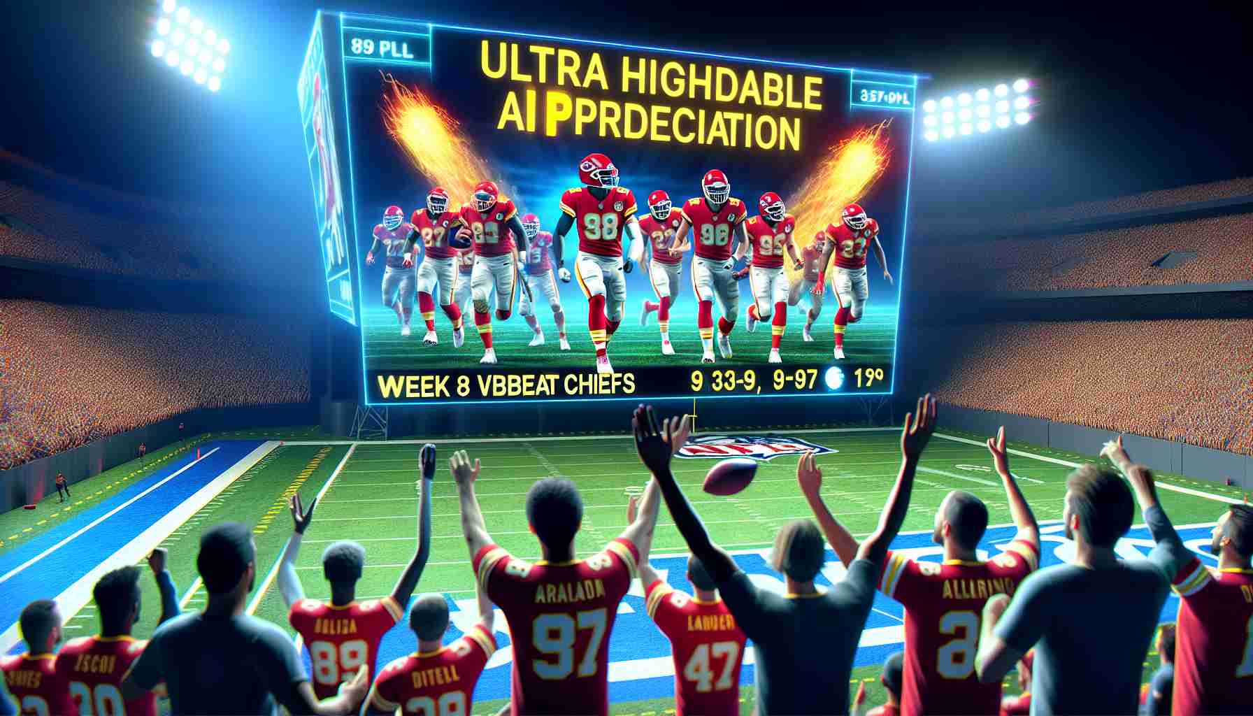 Ultra high-definition image depicting a thrilling Week 8 in the NFL. A football team, nicknamed the Unbeatable Chiefs, excel on the field in vibrant team colors. A surprising AI prediction is visually projected onto the jumbotron, adding an element of suspense to the scene. Fans express a range of emotions from astonishment to excitement in this unexpected turn of events.