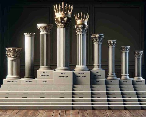 A highly detailed, realistic image depicting a comparison of different stock exchange platforms. Each platform is represented by a symbolic structure such as a column or pedestal of varying heights, symbolizing their efficiency and value for investors. At the top of the highest pedestal, there's a metaphorical crown, symbolizing the supreme platform. The structures are neatly arranged in a line for easy comparison, each marked with a generic label to signify a different stock exchange. The whole scene is in a classic room, with subdued lighting and a wooden floor, creating a sober and serious atmosphere.