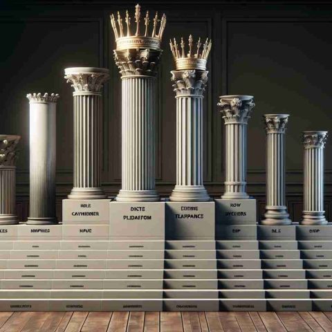 A highly detailed, realistic image depicting a comparison of different stock exchange platforms. Each platform is represented by a symbolic structure such as a column or pedestal of varying heights, symbolizing their efficiency and value for investors. At the top of the highest pedestal, there's a metaphorical crown, symbolizing the supreme platform. The structures are neatly arranged in a line for easy comparison, each marked with a generic label to signify a different stock exchange. The whole scene is in a classic room, with subdued lighting and a wooden floor, creating a sober and serious atmosphere.