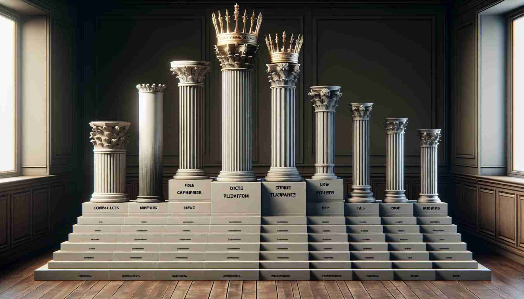 A highly detailed, realistic image depicting a comparison of different stock exchange platforms. Each platform is represented by a symbolic structure such as a column or pedestal of varying heights, symbolizing their efficiency and value for investors. At the top of the highest pedestal, there's a metaphorical crown, symbolizing the supreme platform. The structures are neatly arranged in a line for easy comparison, each marked with a generic label to signify a different stock exchange. The whole scene is in a classic room, with subdued lighting and a wooden floor, creating a sober and serious atmosphere.