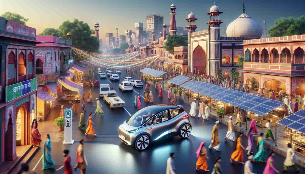 A high-definition, realistic image showcasing the innovation of electric mobility in India. Depict a beautifully crafted, modern electric vehicle cruising through a bustling Indian city street filled with vibrant colors, a diverse mix of pedestrians of different descents such as South Asian and Middle-Eastern, and the unique architectural elements of Indian cities. In the background, integrate solar panels and charging stations that symbolize the sustainable energy powering the vehicle.