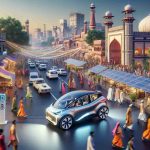 A high-definition, realistic image showcasing the innovation of electric mobility in India. Depict a beautifully crafted, modern electric vehicle cruising through a bustling Indian city street filled with vibrant colors, a diverse mix of pedestrians of different descents such as South Asian and Middle-Eastern, and the unique architectural elements of Indian cities. In the background, integrate solar panels and charging stations that symbolize the sustainable energy powering the vehicle.