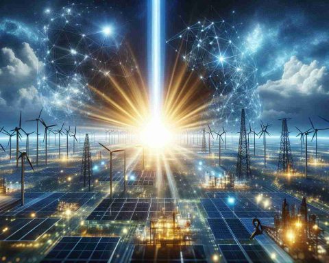 High-definition image of a metaphorical representation of a large, powerful energy company symbolized by a huge beam of light projecting into a bright future. The scene showcases an environment energized with bright luminescent light rays, interconnected grids showing vast networks, accompanied by industry icons like wind turbines, solar panels, and traditional oil rigs.