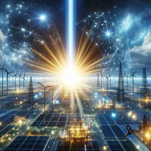 High-definition image of a metaphorical representation of a large, powerful energy company symbolized by a huge beam of light projecting into a bright future. The scene showcases an environment energized with bright luminescent light rays, interconnected grids showing vast networks, accompanied by industry icons like wind turbines, solar panels, and traditional oil rigs.