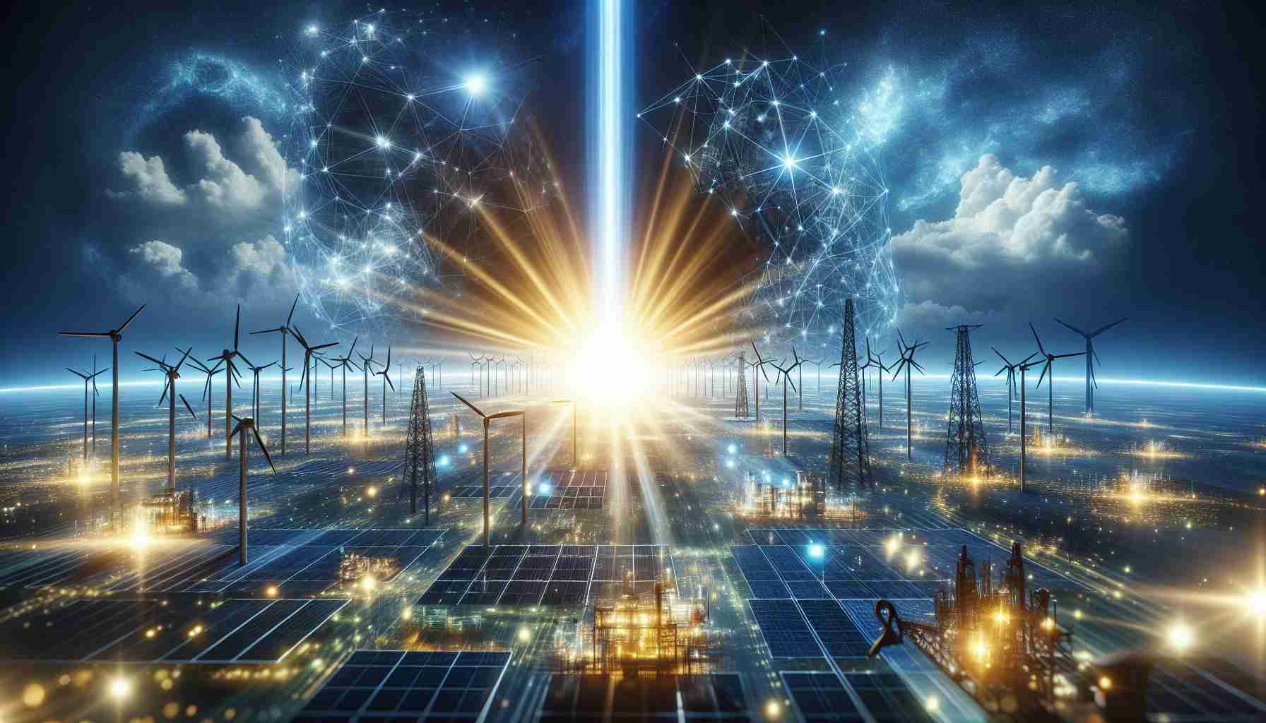 High-definition image of a metaphorical representation of a large, powerful energy company symbolized by a huge beam of light projecting into a bright future. The scene showcases an environment energized with bright luminescent light rays, interconnected grids showing vast networks, accompanied by industry icons like wind turbines, solar panels, and traditional oil rigs.