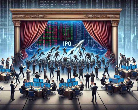 A detailed, high-definition image illustrating the process behind an IPO in the stock market. It would include a metaphorical curtain being pulled back to reveal a frenzy of activity. On one side, a dividing curtain, symbolic of a stock market IPO, and on the other, an engineered chaos of stock market brokers illustrated as diverse characters with variety of genders and descents, interacting in front of a large electronic stock ticker board. The scene should capture the tension and immediacy of the stock market, underscoring the complex network of activities and human interactions underlying an IPO.