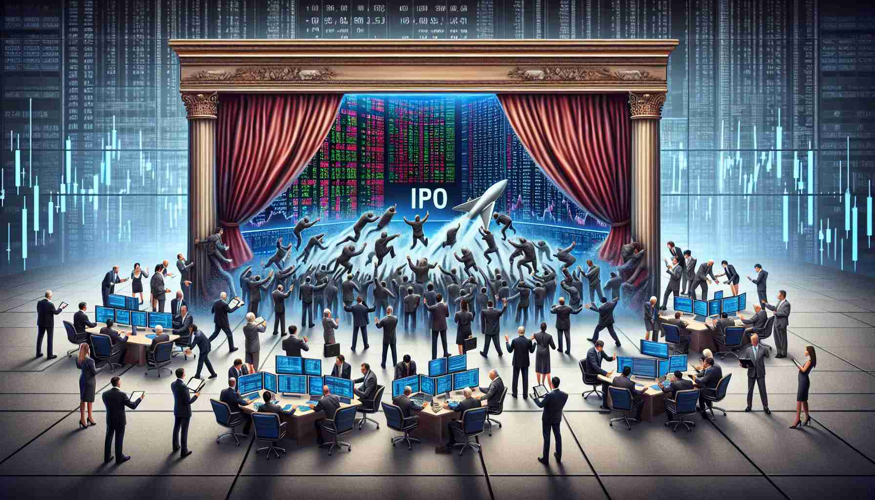 A detailed, high-definition image illustrating the process behind an IPO in the stock market. It would include a metaphorical curtain being pulled back to reveal a frenzy of activity. On one side, a dividing curtain, symbolic of a stock market IPO, and on the other, an engineered chaos of stock market brokers illustrated as diverse characters with variety of genders and descents, interacting in front of a large electronic stock ticker board. The scene should capture the tension and immediacy of the stock market, underscoring the complex network of activities and human interactions underlying an IPO.