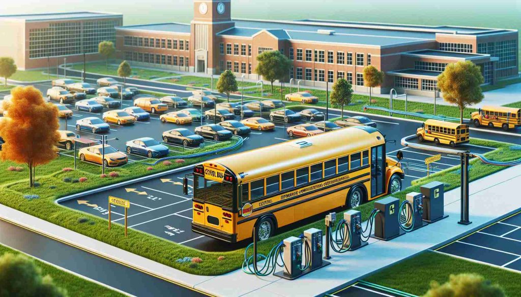 Create a detailed and high-definition image portraying the concept of a new electric bus initiative introducing complications for a local school district. Visualize an electric school bus parked near a schoolyard surrounded by infrastructure such as charging stations, bringing about operational challenges. Ensure the colors are vivid and the scene is as realistic as possible.