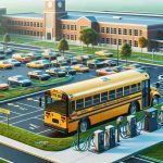 Create a detailed and high-definition image portraying the concept of a new electric bus initiative introducing complications for a local school district. Visualize an electric school bus parked near a schoolyard surrounded by infrastructure such as charging stations, bringing about operational challenges. Ensure the colors are vivid and the scene is as realistic as possible.