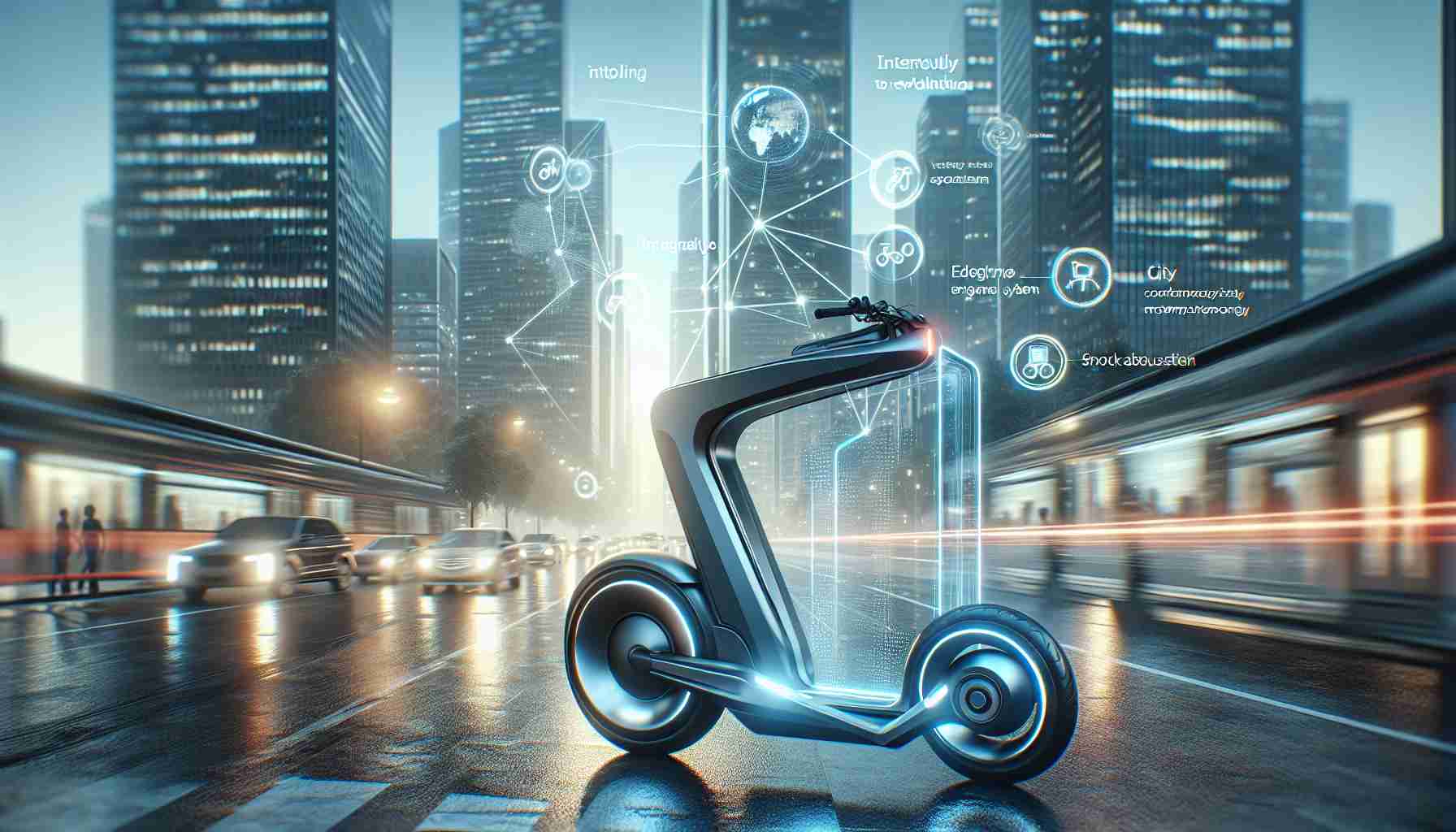 High definition, photorealistic image of an urban commuting innovation. Visualize the VeloTech 2000 as a sleek, ultramodern vehicle designed intelligently to revolutionize City travel. Its design is elegant and streamlined, demonstrating the epitome of technological advancement for better daily commuting. This may include smart features such as integrated GPS, eco-friendly engine system, lightweight yet robust body, adaptive brake system and shock absorption technology. Set the scene in a dynamic, bustling city environment to represent its primary use.