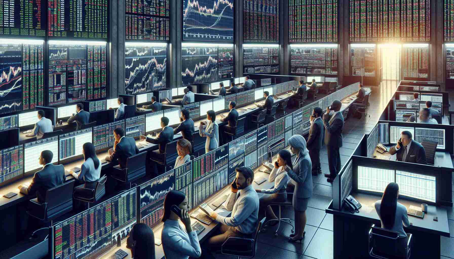 An extremely detailed and realistic high-definition image representing the behind-the-scenes activities at a stock exchange. It showcases individuals of various descents and genders - white male broker analyzing data on multiple monitors, Hispanic female broker talking on the phone with a client, an East Asian male in deep conversation with a Black female in front of a large electronic stock board. It captures the intense energy and focused attention of all involved as they monitor the market trends, the rapid discussions and decision-making processes. Also include sights of people maintaining the technical infrastructure in the background.