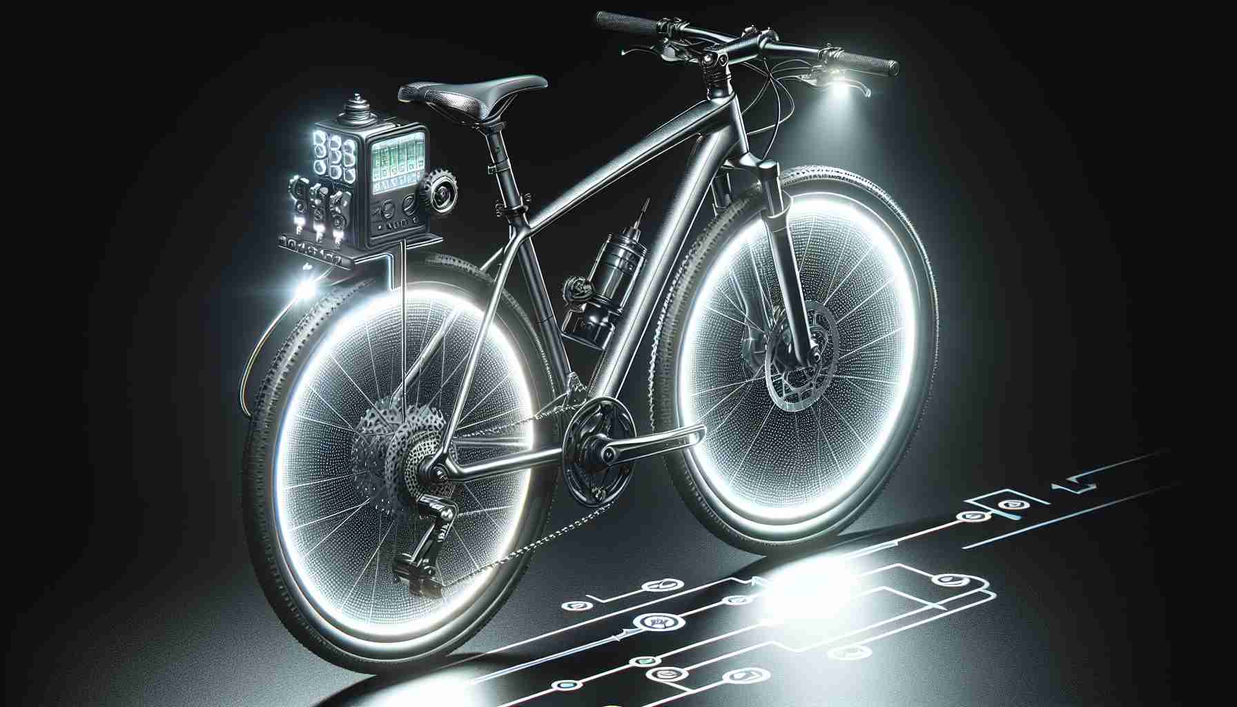 Generate a realistic HD image showcasing the concept of revolutionizing bike safety. Detail a bicycle that incorporates advanced safety features such as illuminating pathways with high-intensity, energy-efficient LEDs, often referred to as 'BeamBrite'. This innovative approach involves mounting the robust light source on the bike, brightening the surroundings, and making the cyclist more visible during night rides. Additionally, let's consider the color scheme to be a striking mixture of silver and black, adding to the modern aesthetic.