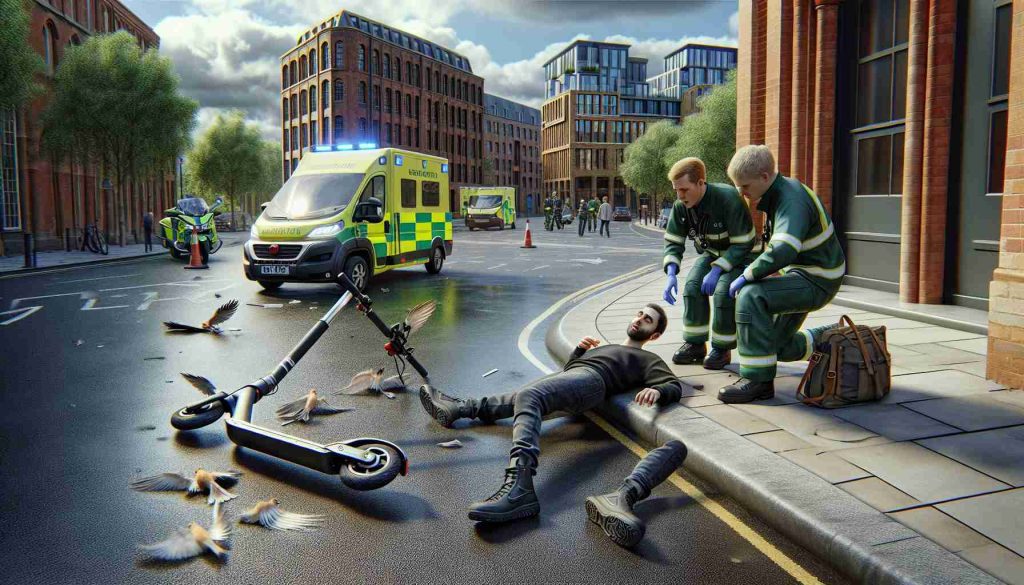 Generate a realistic high-definition image of a scene where a male Caucasian rider has been injured in an e-scooter collision in the city of Southampton. One sees the e-scooter tipped over and the man slightly bruised but conscious. Emergency responders are nearby, comforting him and checking his injuries. Around them, the urban architecture of Southampton, with its modern buildings and old brick constructions, contribute to the atmosphere of urgency. The viewers should feel empathetic and eager to know what happens next.