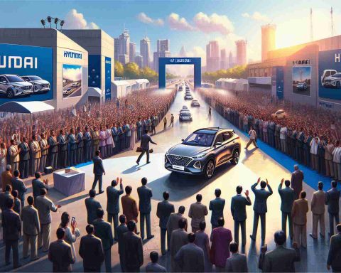 Create a realistic high-definition illustration that captures the scene of Hyundai's launch in India experiencing a challenging start, even though the brand had ambitious plans. Showcase the setting as an automotive exhibition with the introduction of new cars. There should be a crowd showing mixed reactions, representing the rocky start. Ensure no specific individuals or celebrities are depicted.