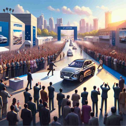 Create a realistic high-definition illustration that captures the scene of Hyundai's launch in India experiencing a challenging start, even though the brand had ambitious plans. Showcase the setting as an automotive exhibition with the introduction of new cars. There should be a crowd showing mixed reactions, representing the rocky start. Ensure no specific individuals or celebrities are depicted.