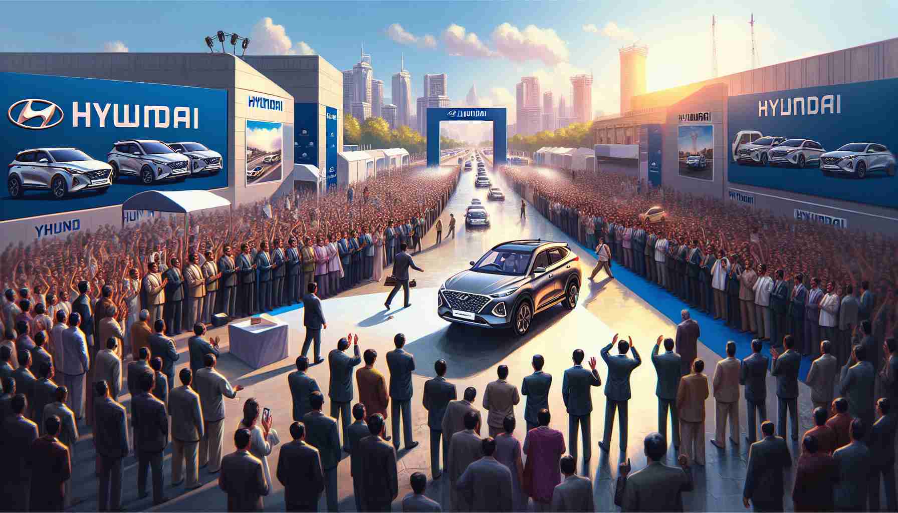 Create a realistic high-definition illustration that captures the scene of Hyundai's launch in India experiencing a challenging start, even though the brand had ambitious plans. Showcase the setting as an automotive exhibition with the introduction of new cars. There should be a crowd showing mixed reactions, representing the rocky start. Ensure no specific individuals or celebrities are depicted.