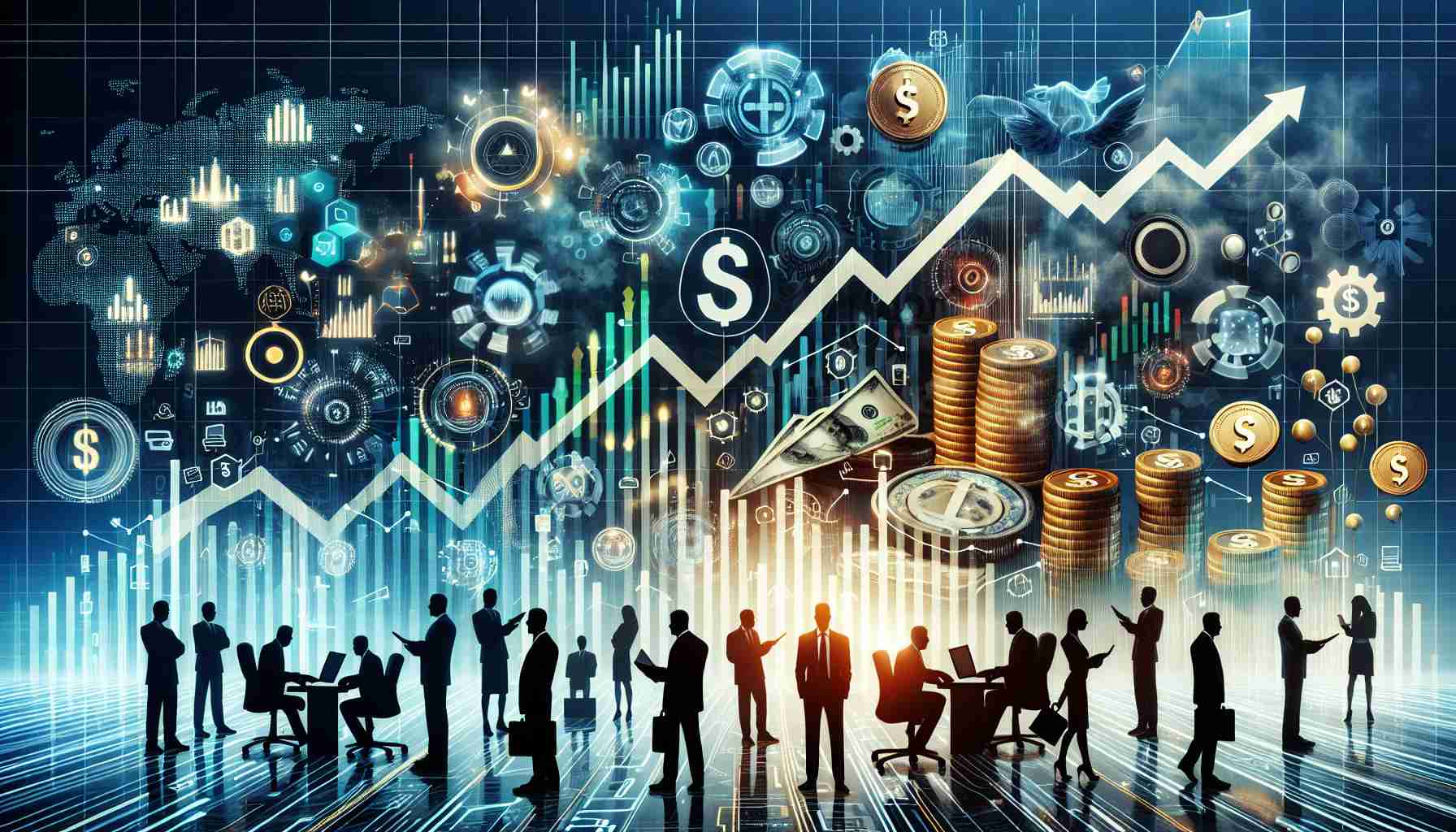 Generate a high-resolution, realistic image that depicts the concept of a surge in tech stocks. The scene should feature symbols and icons representing growth, technology and investment. Visualize a graph, showing an upward trend, with electronic devices like computers and mobile phones serving as representation of the technology sector. Also, include silhouettes of executives or as business insiders making strategic decisions, using chess pieces to symbolise strategy. Include currency notes and gold coins to represent significant gains. None of these individuals should be identifiable.