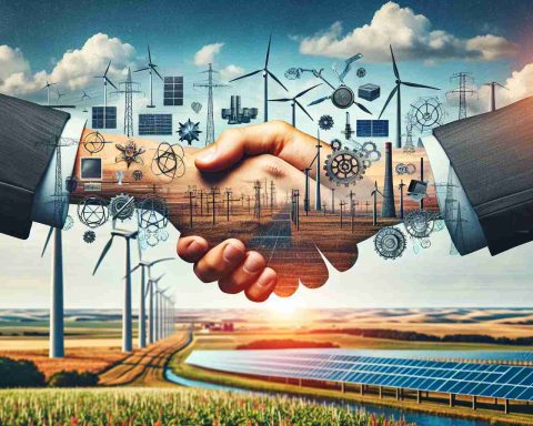 High definition realistic image of a new groundbreaking partnership in the field of energy innovation in Nebraska. Depict various technologies associated with renewable energy such as wind turbines, solar panels and hydroelectric power facilities. Also include some symbolic representation of cooperation, like a handshake or interlocked gears, to signify the partnership. The image should be set against the backdrop of the Nebraskan landscape, known for its vast prairies and rolling hills.