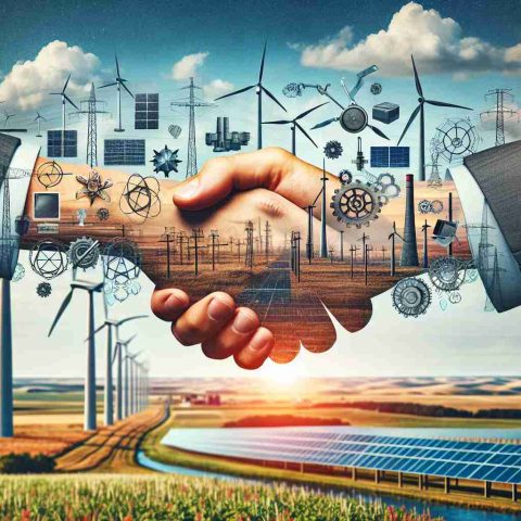 High definition realistic image of a new groundbreaking partnership in the field of energy innovation in Nebraska. Depict various technologies associated with renewable energy such as wind turbines, solar panels and hydroelectric power facilities. Also include some symbolic representation of cooperation, like a handshake or interlocked gears, to signify the partnership. The image should be set against the backdrop of the Nebraskan landscape, known for its vast prairies and rolling hills.