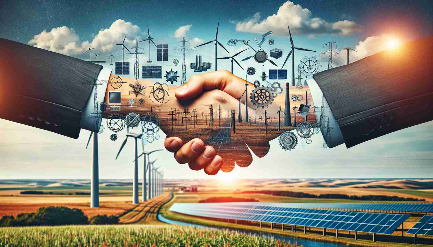 High definition realistic image of a new groundbreaking partnership in the field of energy innovation in Nebraska. Depict various technologies associated with renewable energy such as wind turbines, solar panels and hydroelectric power facilities. Also include some symbolic representation of cooperation, like a handshake or interlocked gears, to signify the partnership. The image should be set against the backdrop of the Nebraskan landscape, known for its vast prairies and rolling hills.