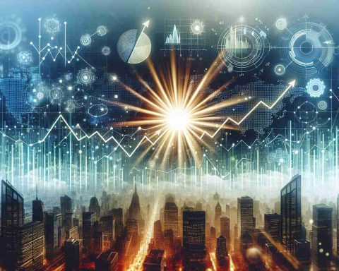 Generate an image representing a little-known stock. The image depicts a depiction of graphs, charts, and data points all trending positively. Background should be dominated by a bright, gleaming sunbeam to symbolize 'outshining'. Furthermore, subdued, less vibrant silhouettes of skyscrapers in the distant background should represent the tech industry giants. The image should provide a metaphorical representation of this scenario in a realistic HD quality.