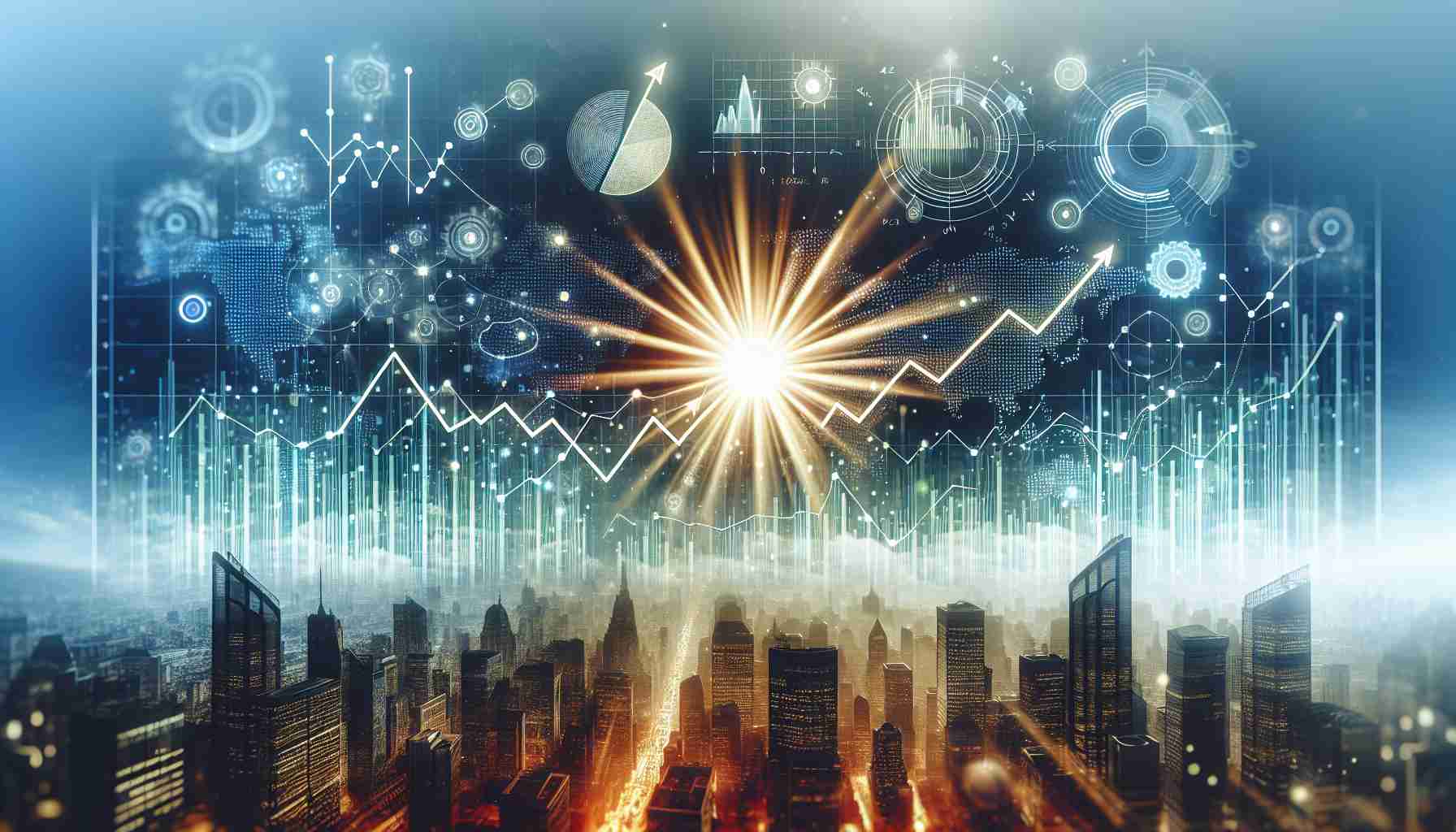 Generate an image representing a little-known stock. The image depicts a depiction of graphs, charts, and data points all trending positively. Background should be dominated by a bright, gleaming sunbeam to symbolize 'outshining'. Furthermore, subdued, less vibrant silhouettes of skyscrapers in the distant background should represent the tech industry giants. The image should provide a metaphorical representation of this scenario in a realistic HD quality.