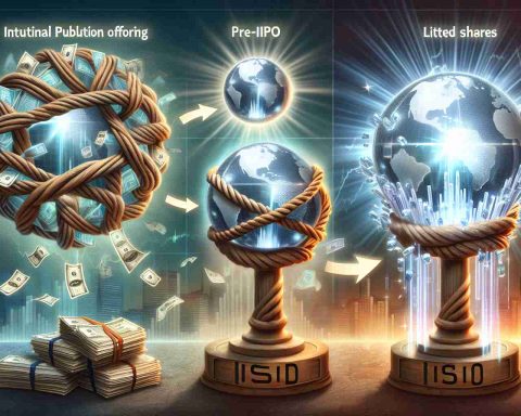 A HD interpretation of the transition of unlisted shares after an Initial Public Offering. The image should artfully depict the process, beginning with the pre-IPO phase where the shares are privately held and knotted, symbolizing their unlisted state. Then, a transformation should be observed, representing the IPO event with radiating light. The final state should show the originally knotted shares evolving into clear crystal globes, akin to listed shares in the stock market. A financial landscape can be seen in the background, reflecting the stock market environment.