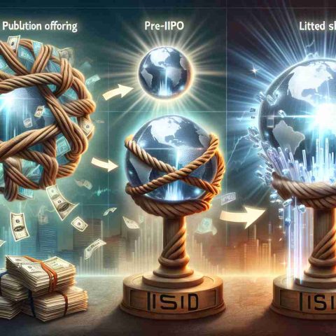 A HD interpretation of the transition of unlisted shares after an Initial Public Offering. The image should artfully depict the process, beginning with the pre-IPO phase where the shares are privately held and knotted, symbolizing their unlisted state. Then, a transformation should be observed, representing the IPO event with radiating light. The final state should show the originally knotted shares evolving into clear crystal globes, akin to listed shares in the stock market. A financial landscape can be seen in the background, reflecting the stock market environment.