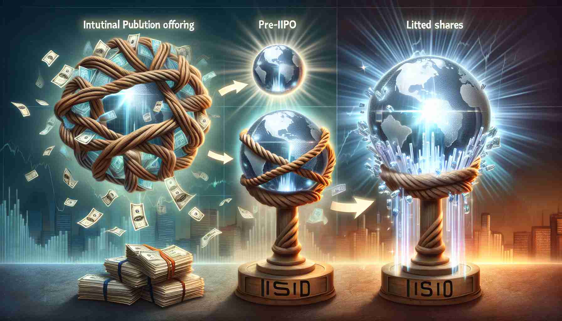 A HD interpretation of the transition of unlisted shares after an Initial Public Offering. The image should artfully depict the process, beginning with the pre-IPO phase where the shares are privately held and knotted, symbolizing their unlisted state. Then, a transformation should be observed, representing the IPO event with radiating light. The final state should show the originally knotted shares evolving into clear crystal globes, akin to listed shares in the stock market. A financial landscape can be seen in the background, reflecting the stock market environment.