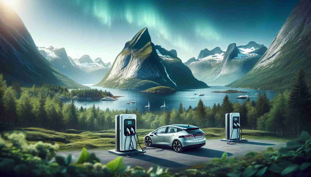 A realistic, high-definition image depicting the scene of electrifying transportation in Norway. Show an electric car charging station against the backdrop of Norway's stunning and clean natural landscape - lush green forests, majestic mountains, and serene fjords. The forefront should feature modern electric vehicles being charged, showcasing Norway's pioneering role in promoting sustainable transportation. The sky overhead can display a subtle hint of the Northern Lights, underlining the country’s geographical placement.