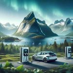 A realistic, high-definition image depicting the scene of electrifying transportation in Norway. Show an electric car charging station against the backdrop of Norway's stunning and clean natural landscape - lush green forests, majestic mountains, and serene fjords. The forefront should feature modern electric vehicles being charged, showcasing Norway's pioneering role in promoting sustainable transportation. The sky overhead can display a subtle hint of the Northern Lights, underlining the country’s geographical placement.