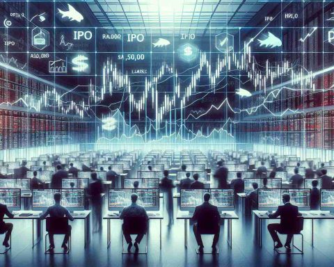 An ultra high-definition image depicting the concept of buying and selling IPO (Initial Public Offering) stock on the day of listing. This image includes a scene of a bustling stock exchange with traders of various descents and genders watching multiple screens showing fluctuating stock charts. The image could also include symbols or metaphoric elements associated with IPO trading to reflect the uncertainty, risks, and potential profits involved in the process.