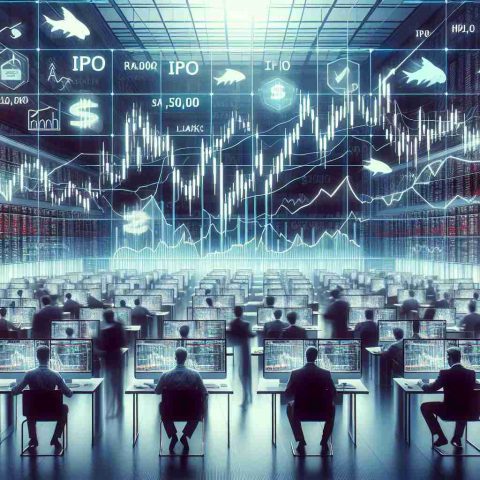 An ultra high-definition image depicting the concept of buying and selling IPO (Initial Public Offering) stock on the day of listing. This image includes a scene of a bustling stock exchange with traders of various descents and genders watching multiple screens showing fluctuating stock charts. The image could also include symbols or metaphoric elements associated with IPO trading to reflect the uncertainty, risks, and potential profits involved in the process.