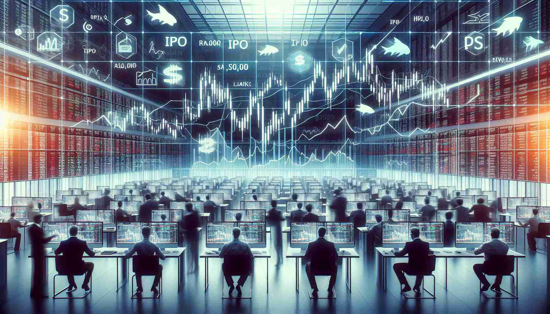 An ultra high-definition image depicting the concept of buying and selling IPO (Initial Public Offering) stock on the day of listing. This image includes a scene of a bustling stock exchange with traders of various descents and genders watching multiple screens showing fluctuating stock charts. The image could also include symbols or metaphoric elements associated with IPO trading to reflect the uncertainty, risks, and potential profits involved in the process.