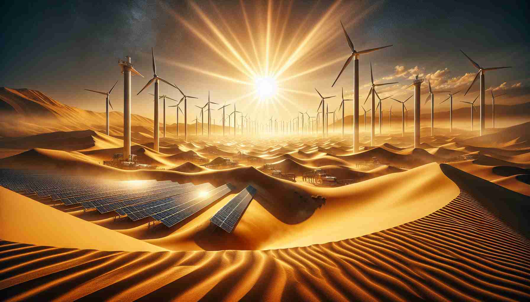 Create a high-definition, realistic image of the California desert, reimagined as a surprising new hub for renewable energy. Showcase vast expanses of golden sand, punctuated with innovative energy infrastructure. The scenery should feature solar panels glittering under the blazing sun and wind turbines rotating gracefully against the backdrop of clear blue sky. The juxtaposition of the harsh desert environment and the sleek modern technology symbolizes the unprecedented role the desert is playing in sustainable energy progression.